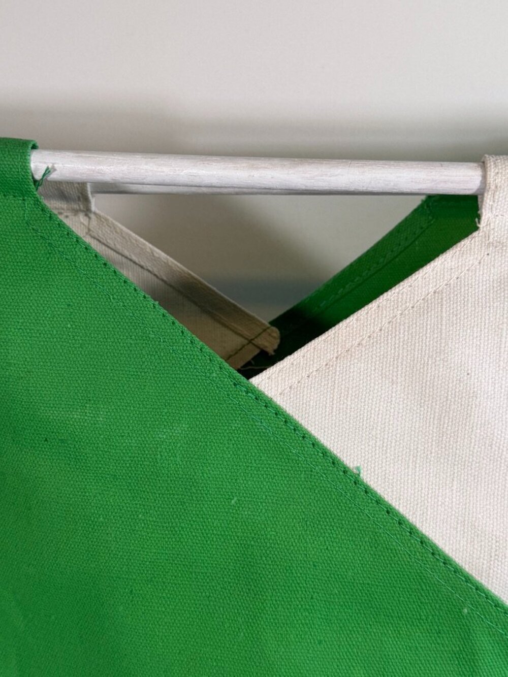 80s Wooden Handle Colorblock Canvas Tote Green White Bag Vintage - Picture 8 of 12